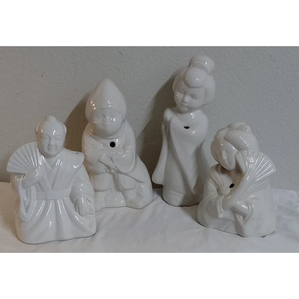 Vintage White Ceramic Tiki Mug Lot of 4 - Benihana Style Japanese Figurines